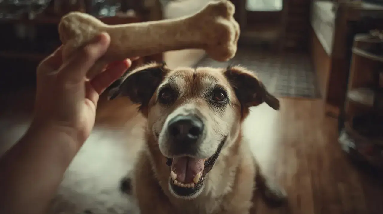 Un chien attend avec impatience un os, un jouet en forme d'agneau.