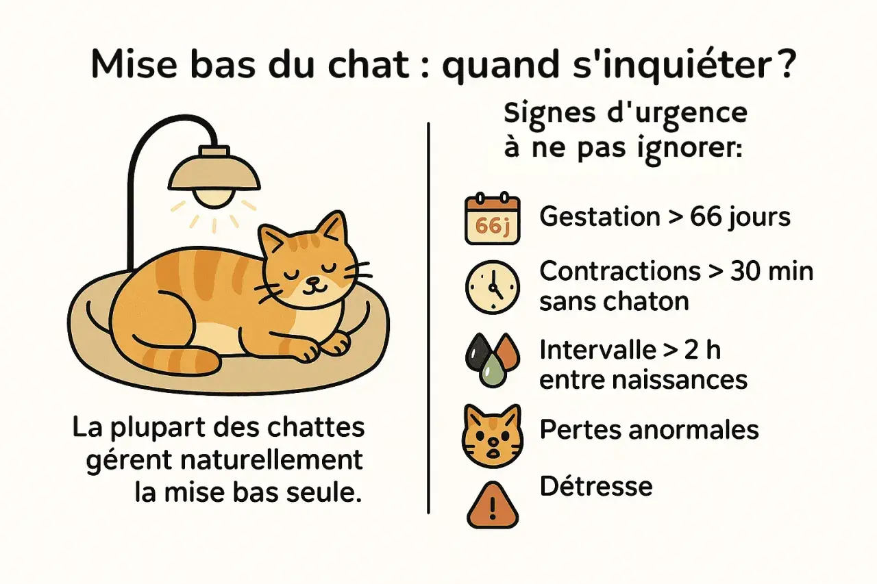 Illustration d'une chatte tigrée endormie. Le texte indique les signes d'urgence lors de la mise bas, notamment un temps de gestation chat supérieur à 66 jours.