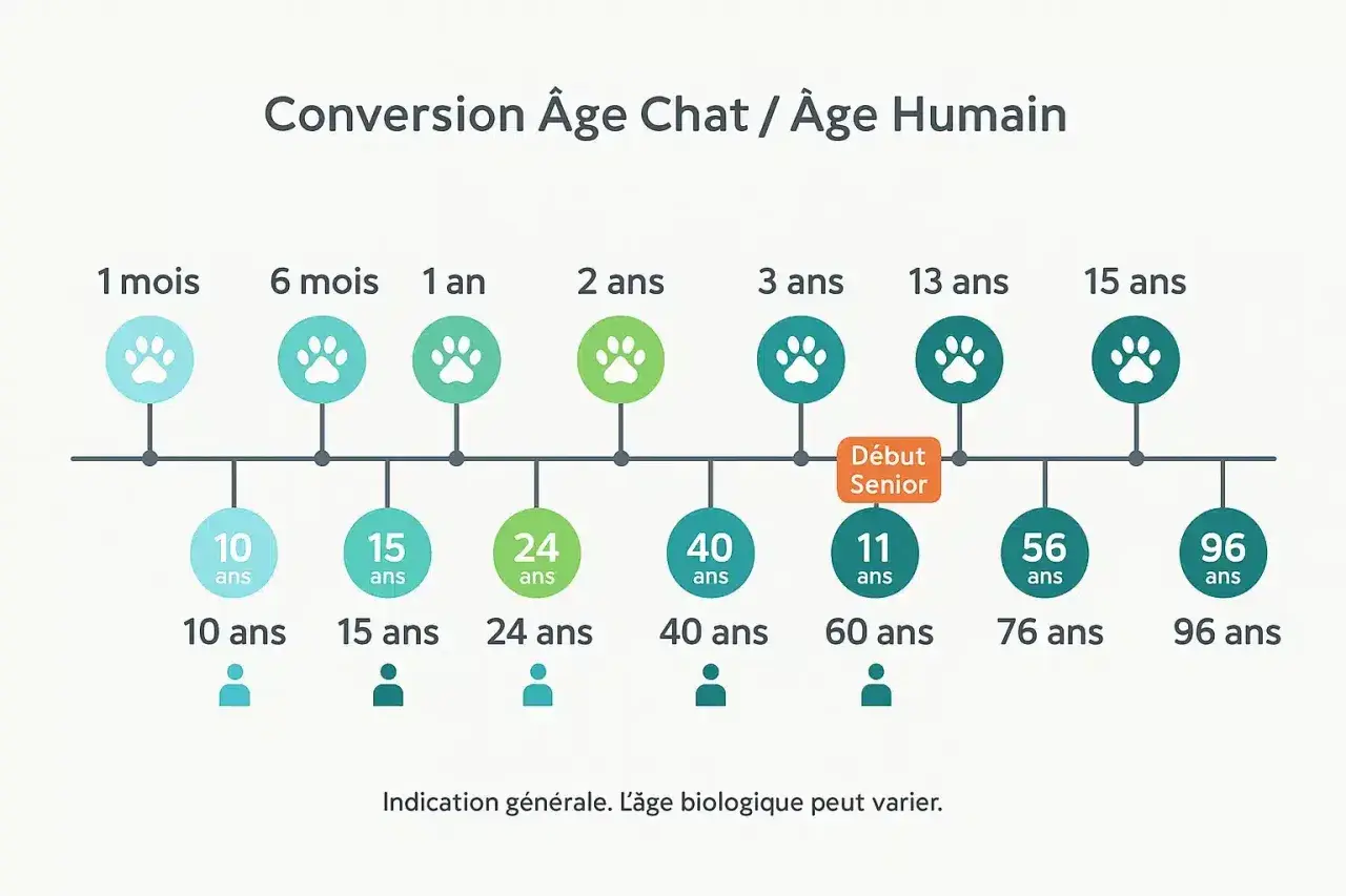 Graphique de conversion âge chat / âge humain. Un chat de 1 an équivaut à 15 ans humains, et un chat de 15 ans à 76 ans humains.