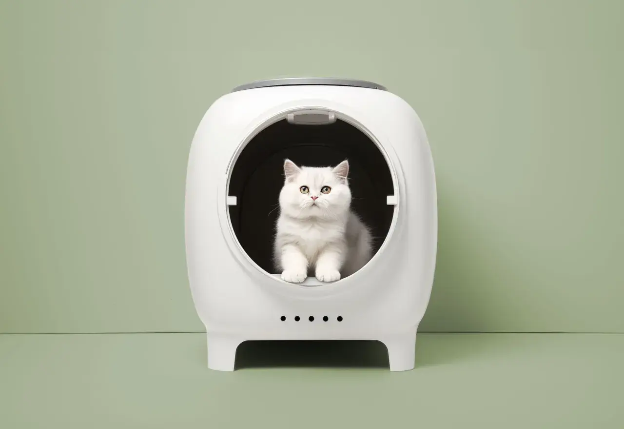 Un chat blanc aux yeux dorés est assis dans une litière futuriste. Il se demande combien de fois un chat fait pipi par jour.