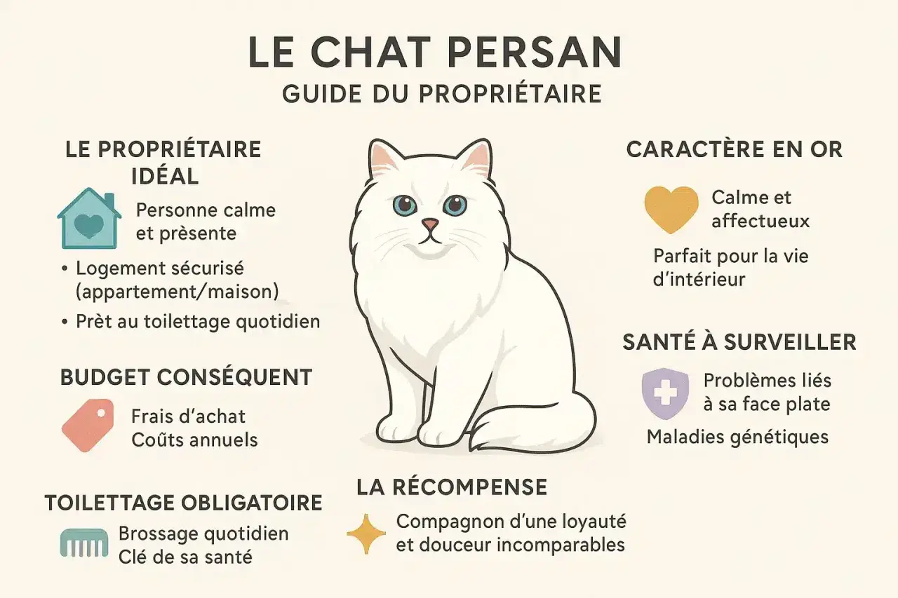 Un adorable **persan chat museau plat** blanc aux yeux bleus, entouré d'informations sur son caractère, sa santé et son entretien.