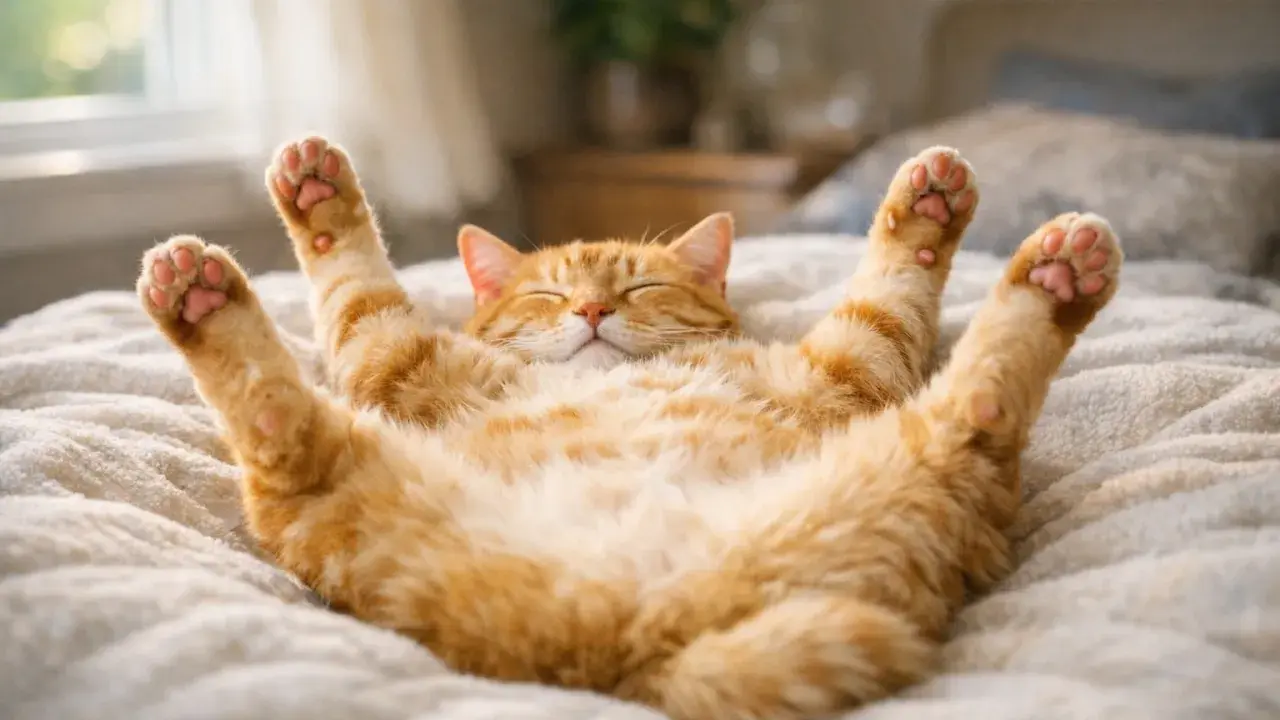Un chat roux dort paisiblement sur le dos, les pattes en l'air, dans une pose de détente absolue.