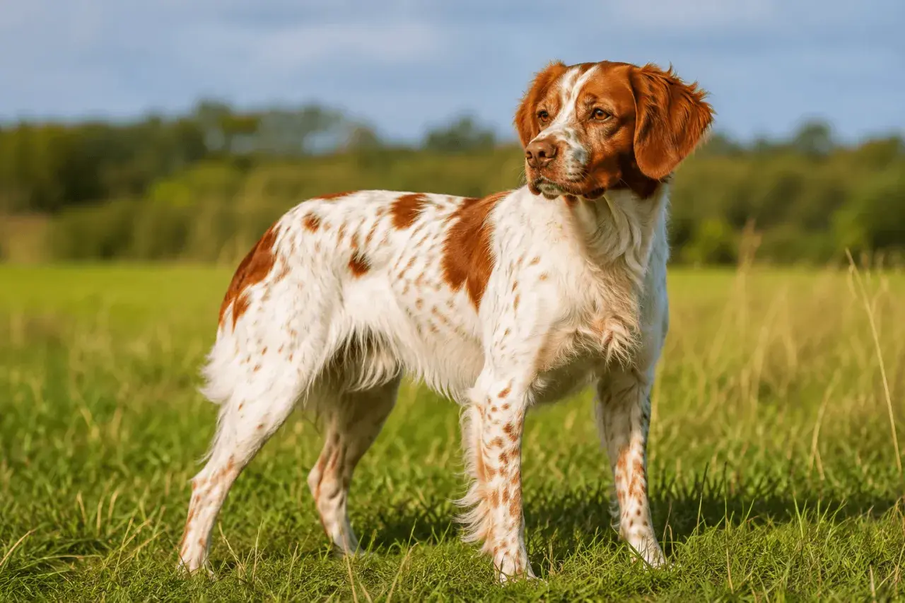 Un magnifique épagneul breton, au pelage blanc et roux tacheté, se tient fièrement dans un champ verdoyant sous un ciel bleu.