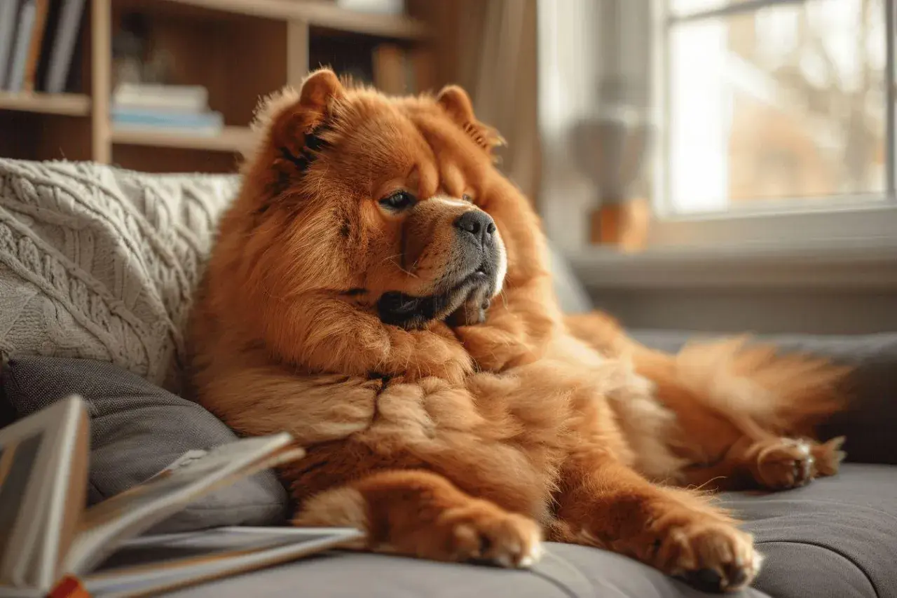 Un magnifique chow chow roux se repose sur un canapé, une couverture torsadée à ses côtés.