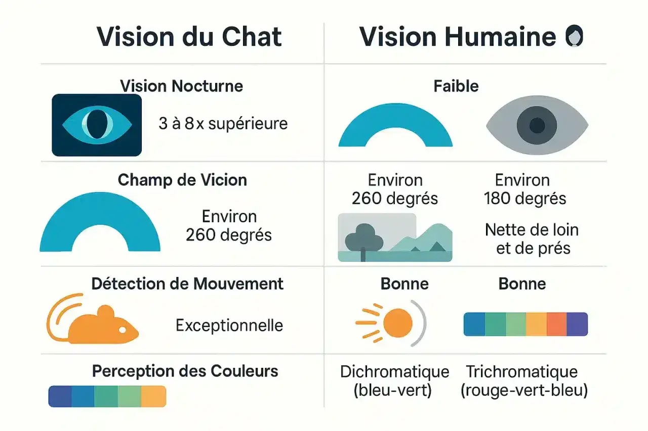 Comparaison de la vision du chat et humaine : vision nocturne, champ de vision, détection de mouvement et perception des couleurs. Les chats voient mieux la nuit et les mouvements.