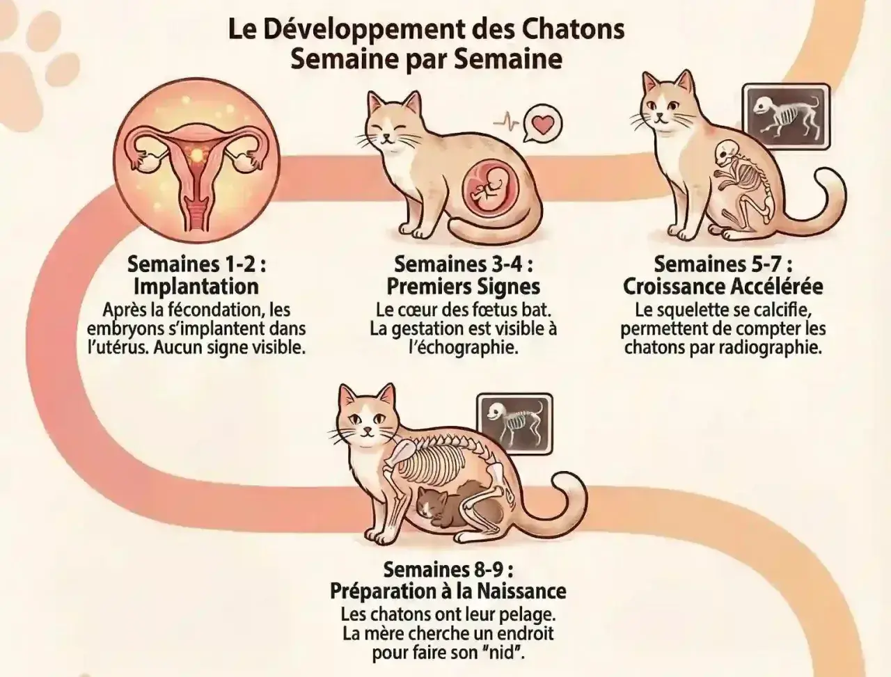 Illustration du développement de la 1ère grossesse chat, de l'implantation à la naissance.