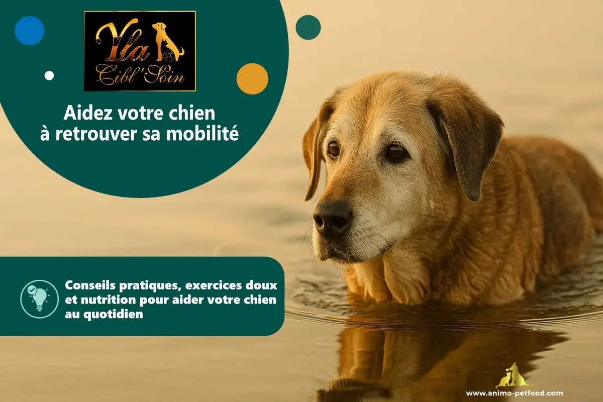 Un chien âgé dans l'eau, suggérant des solutions pour soulager l'arthrose du chien par massage et conseils.