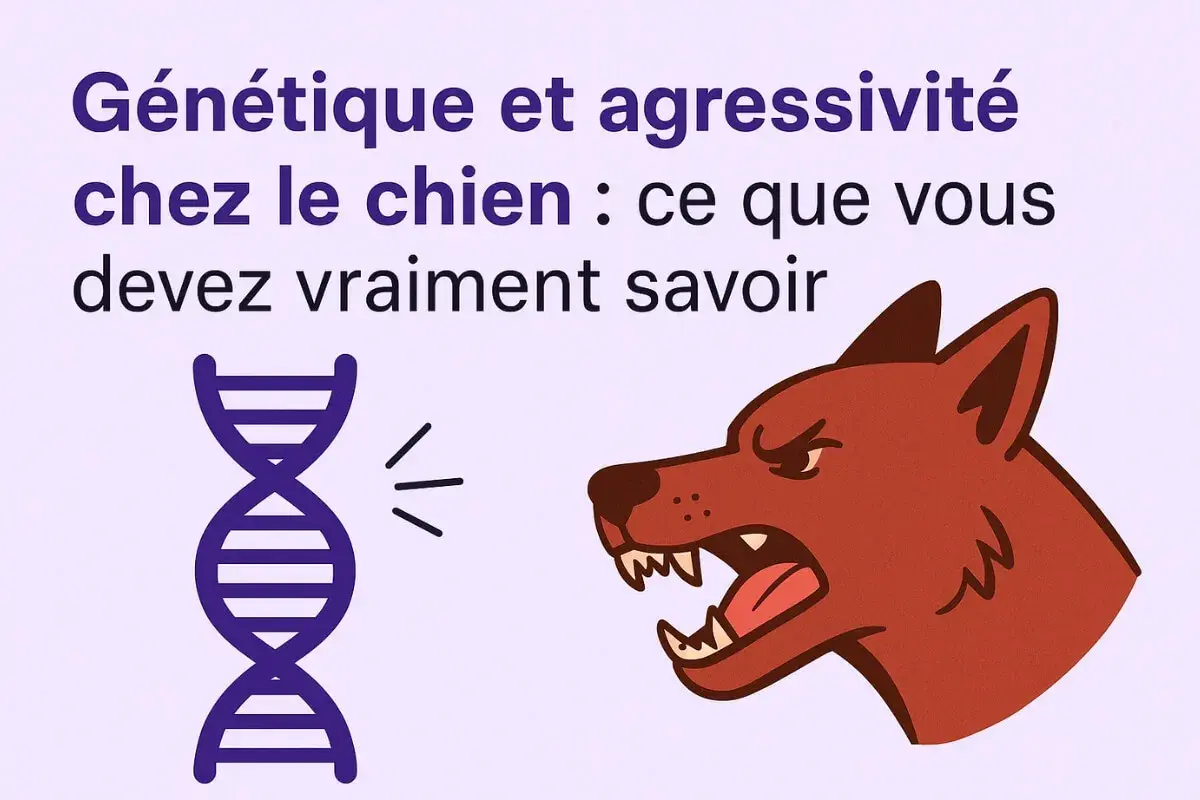 Génétique et agressivité chez le chien : une illustration montre une molécule d'ADN et un chien agressif, suggérant un lien entre les deux.