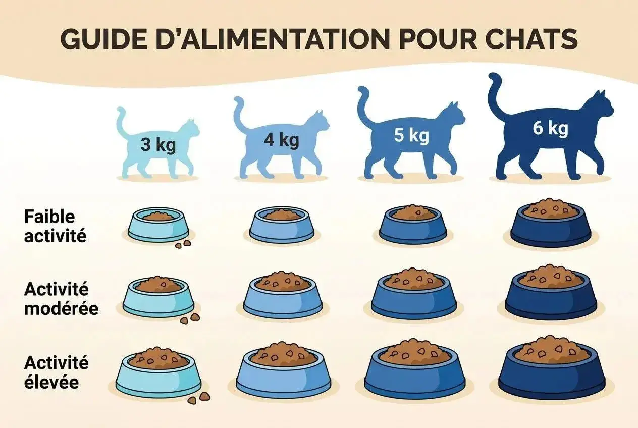 Guide d'alimentation pour chats : le nombre de repas par jour dépend du poids et de l'activité. Un chat de 3 kg peu actif mange moins qu'un chat de 6 kg très actif.