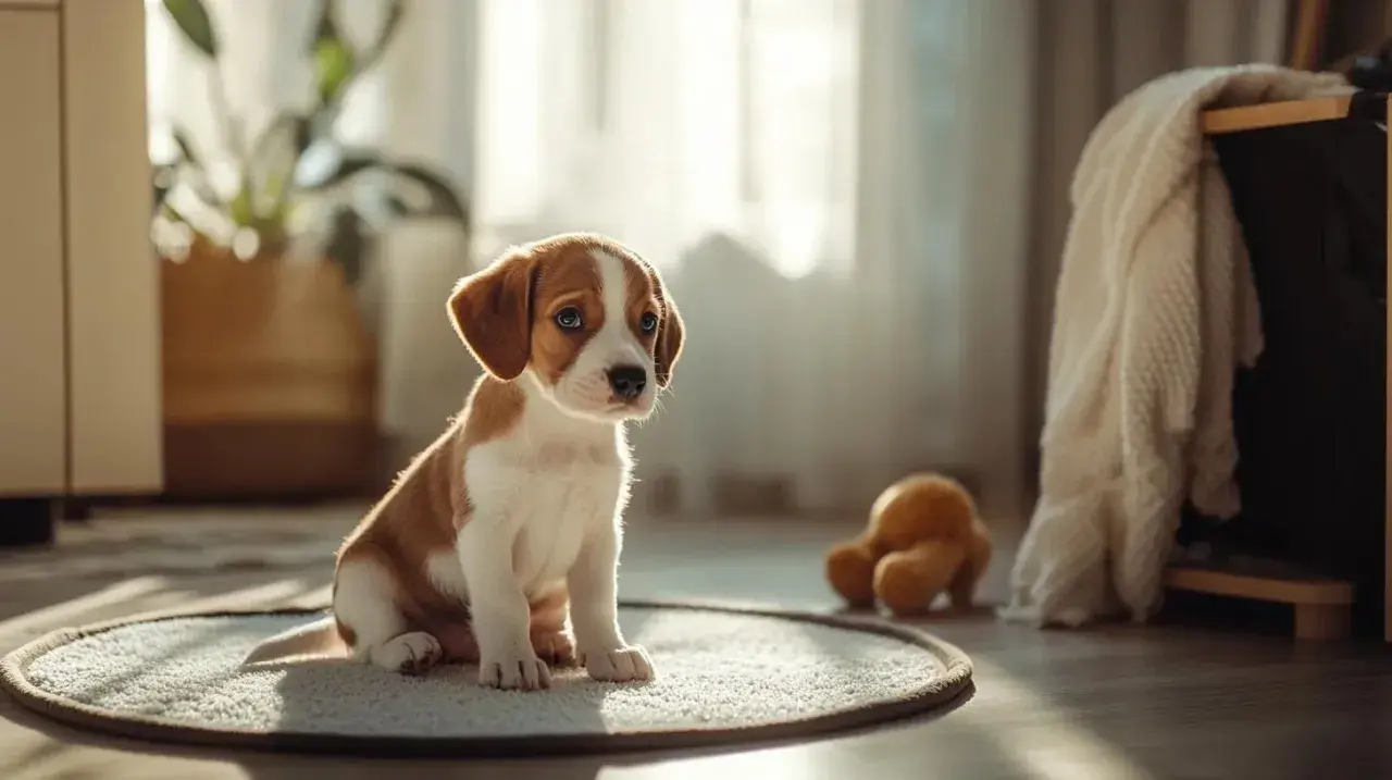 Un adorable chiot brun et blanc assis sur un tapis, attendant patiemment. Il est temps de savoir à quel âge un chiot est propre.
