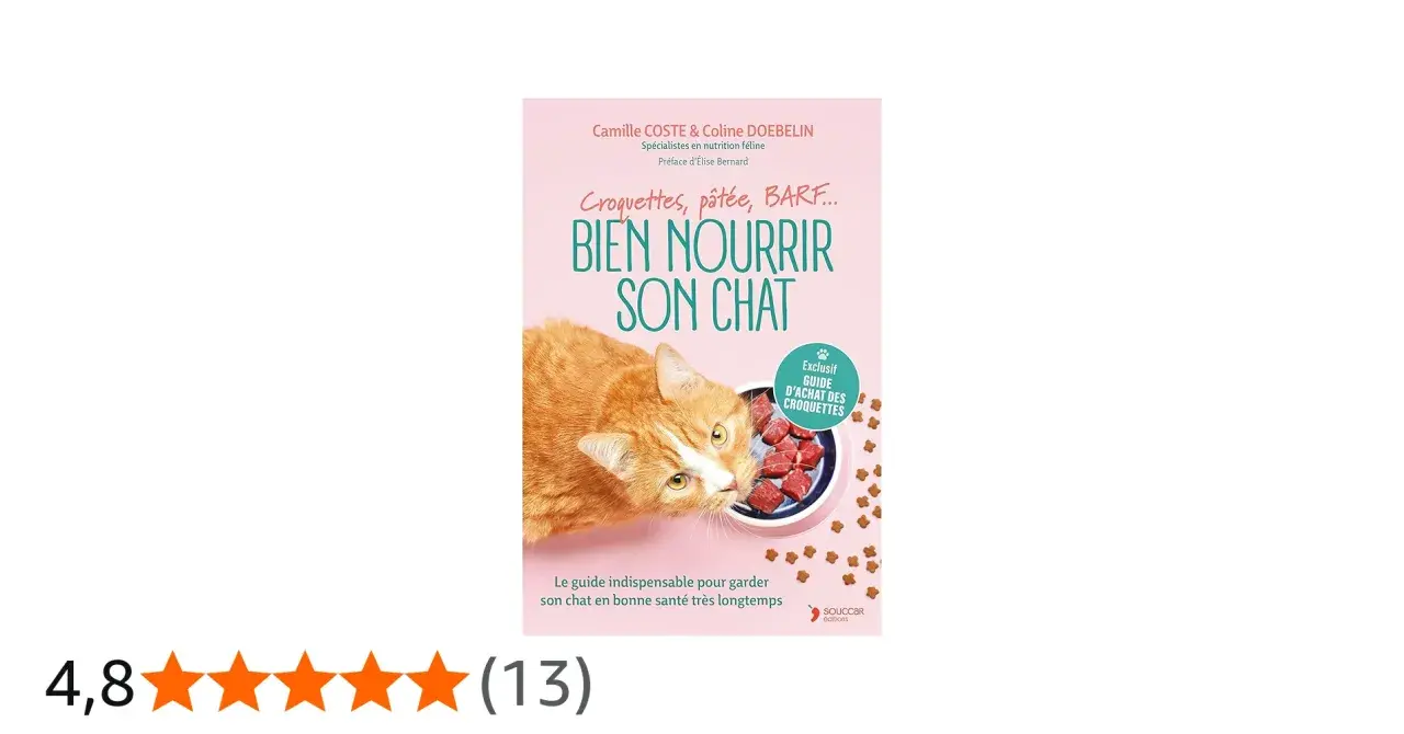 Couverture du livre "Bien nourrir son chat" avec un chat roux mangeant des croquettes. Un guide pour un aliment bon pour les chats.