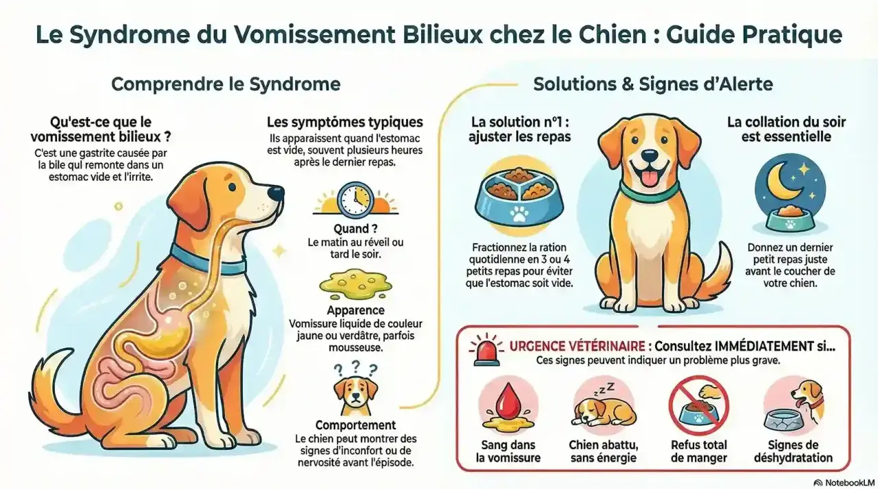 Illustration expliquant le vomissement bilieux chez le chien, une gastrite causée par la bile dans un estomac vide. Conseils pour éviter l'ulcère gastrique.