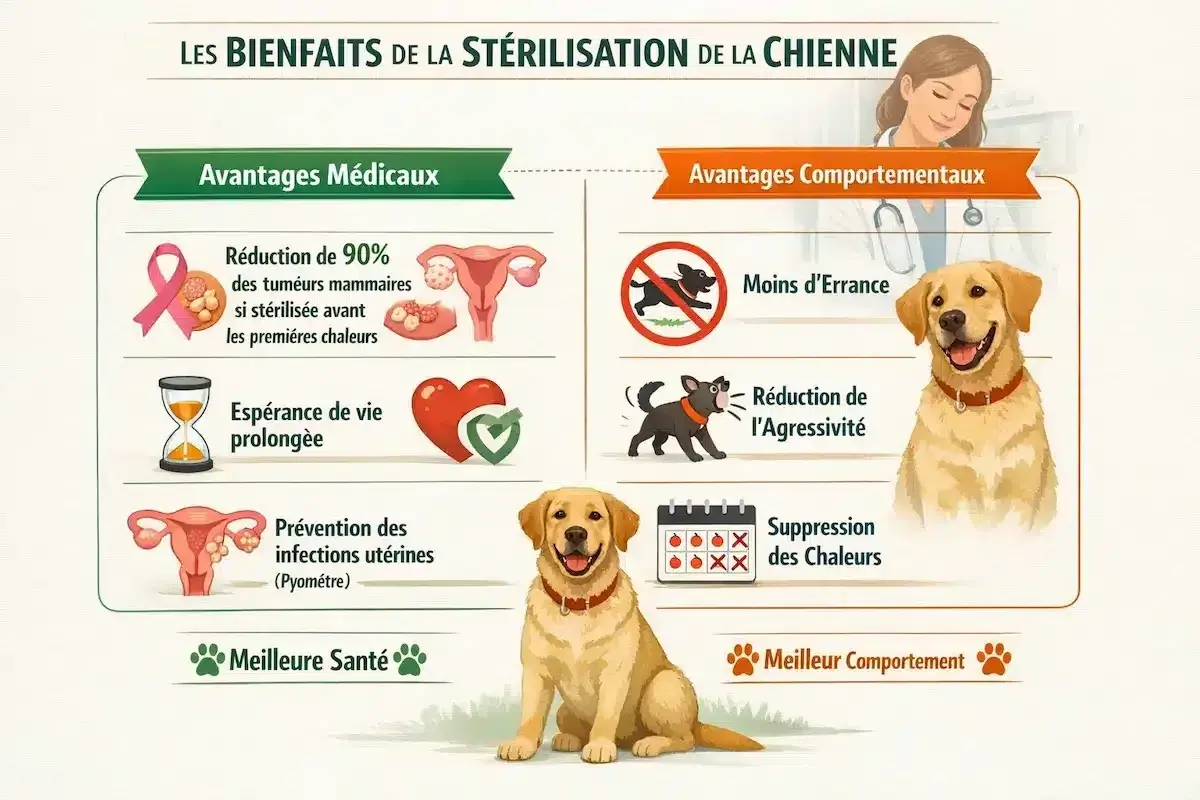 Infographie sur les bienfaits de la stérilisation d'une chienne : réduction des tumeurs, espérance de vie, prévention des infections, moins d'errance, moins d'agressivité et suppression des chaleurs.