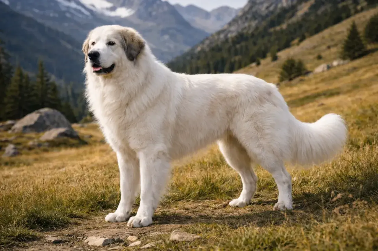 Majestueux chien blanc, gardien des montagnes des Pyrénées, se tient fièrement sur un sentier herbeux.