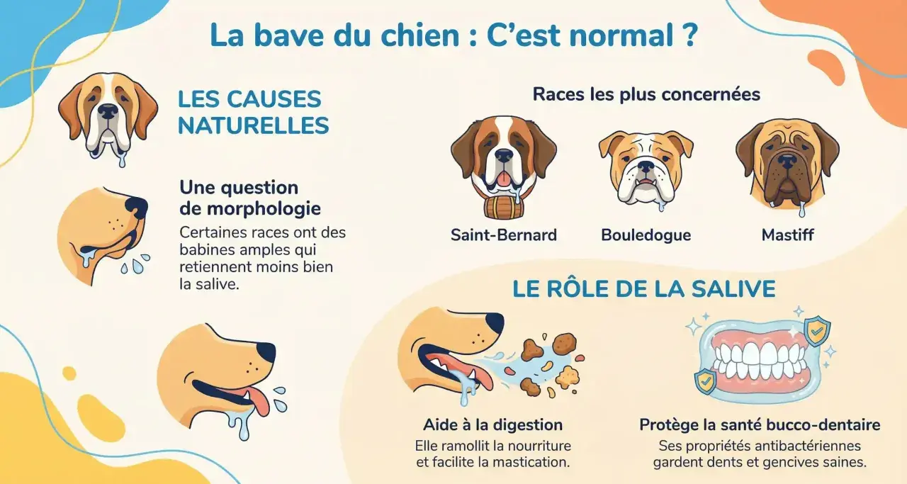 Un chien qui bave, comme le Saint-Bernard, le Bouledogue ou le Mastiff, peut être normal. La morphologie de certaines races favorise ce phénomène.