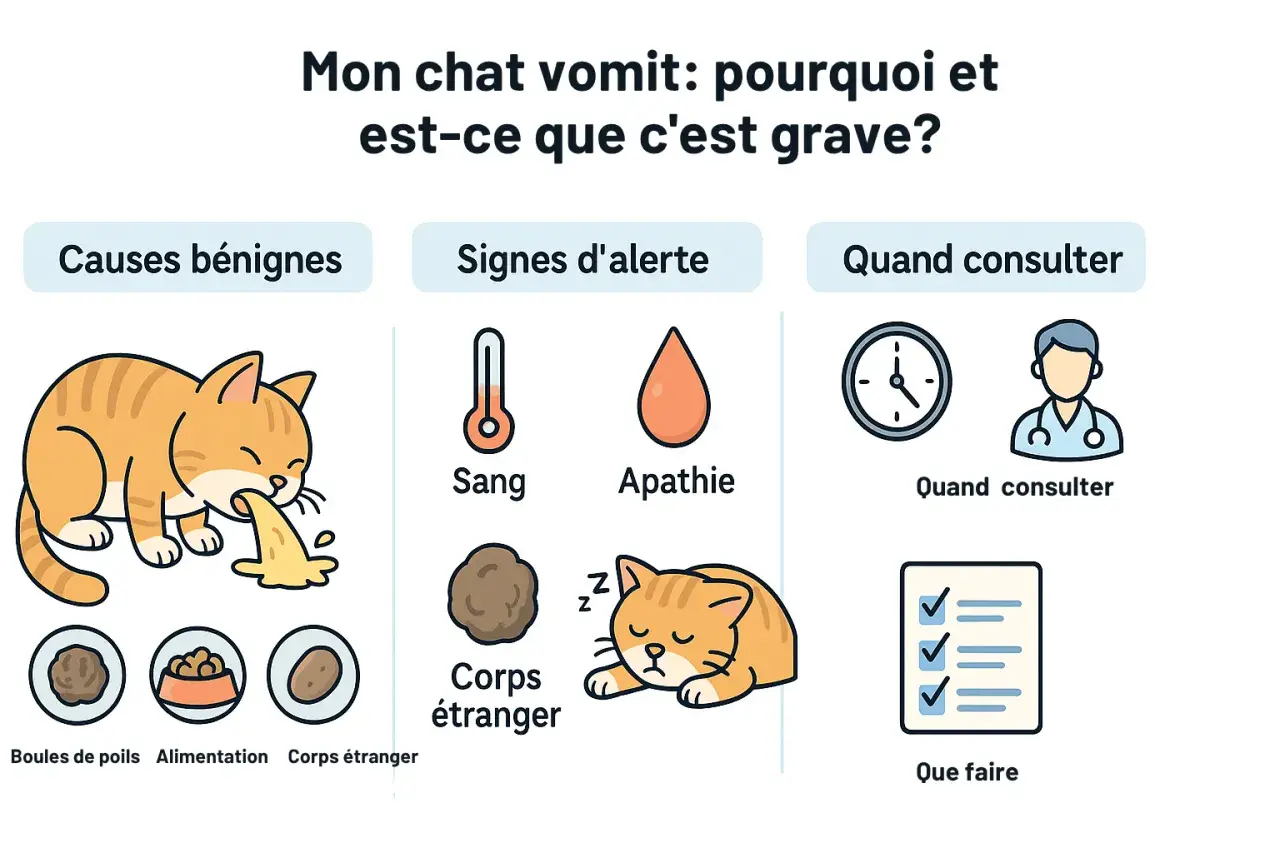 Mon chat vomit des boules de poils, mais cela peut aussi être dû à son alimentation ou à un corps étranger. L'image montre les causes et les signes d'alerte.