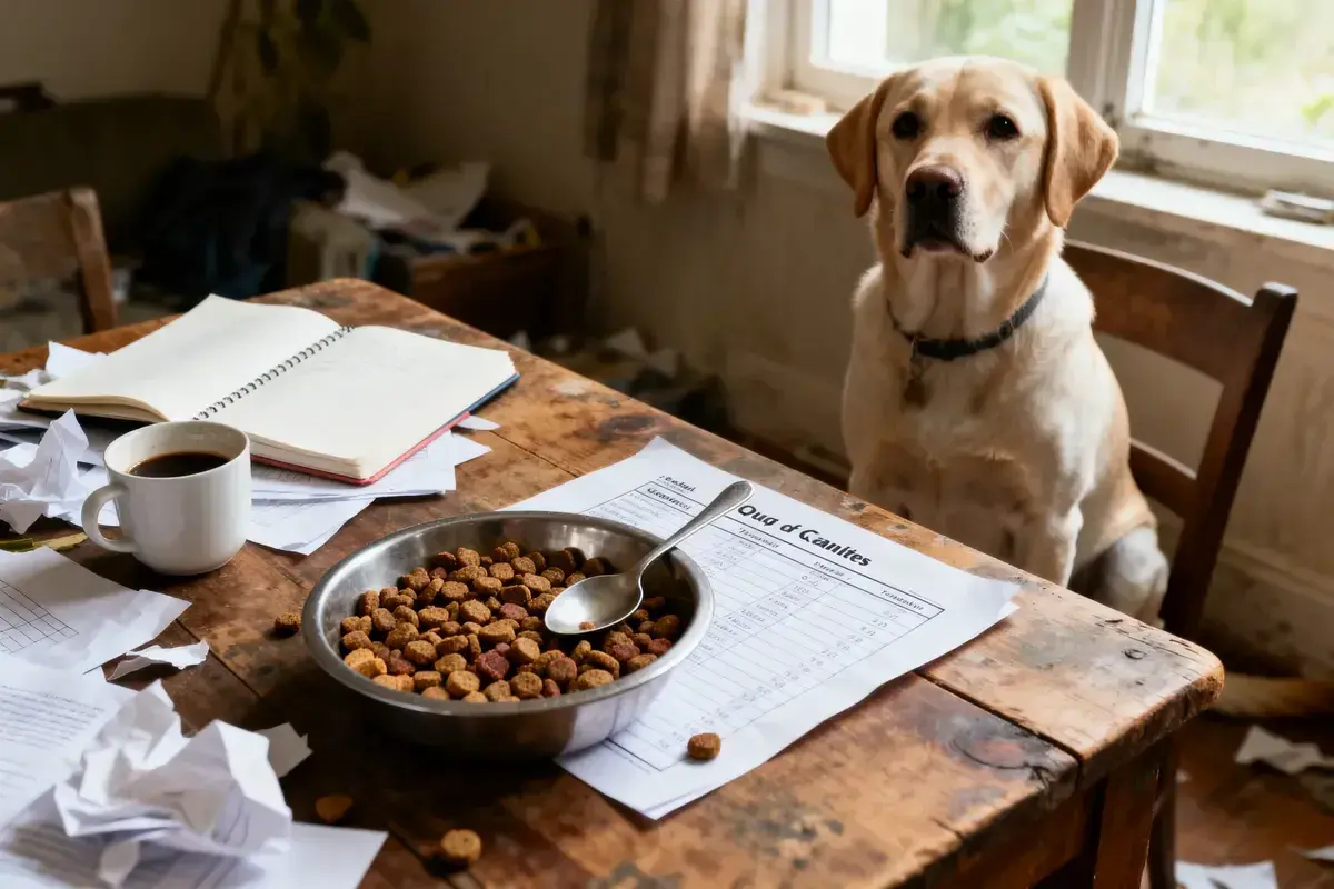 Un labrador attend patiemment à table, une gamelle de croquettes devant lui, sur un document intitulé "Quo d'Caulites", peut-être pour sa ration journalière chien.