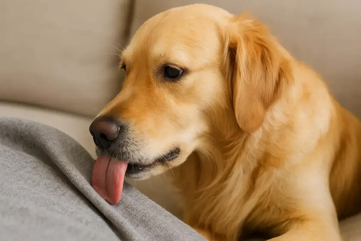 Un golden retriever, peut-être sujet à un léchage compulsif chez le chien, lèche un tissu gris.
