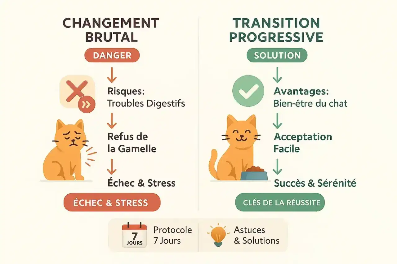 Illustration comparant un changement alimentaire brutal (danger, troubles digestifs, refus) à une transition alimentaire progressive (solution, bien-être, succès) pour un chat.