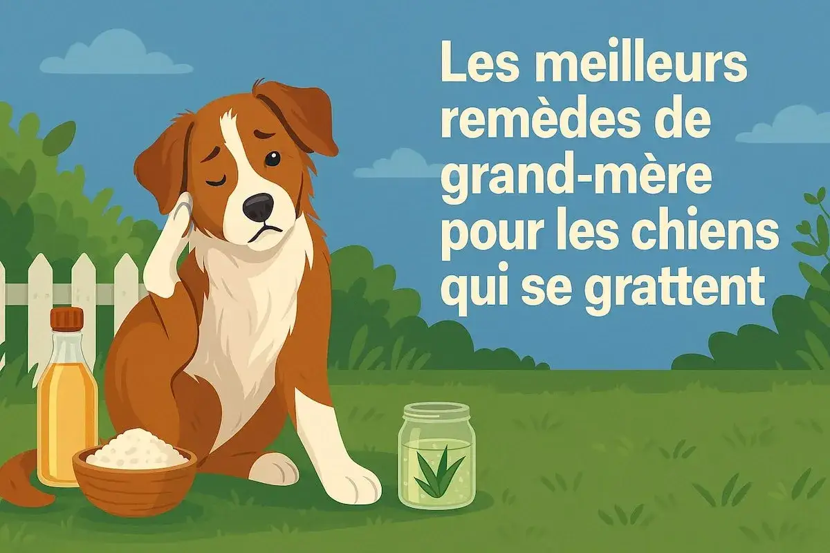 Chien qui se gratte, probl&egrave;me de peau chien rem&egrave;de naturel : une bouteille d'huile, un bol de poudre et un bocal d'herbes sugg&egrave;rent des solutions.