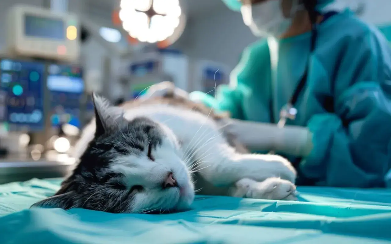 Un chat endormi sur une table d'op&eacute;ration, pr&ecirc;t &agrave; castrer. Un v&eacute;t&eacute;rinaire en blouse verte est en arri&egrave;re-plan.