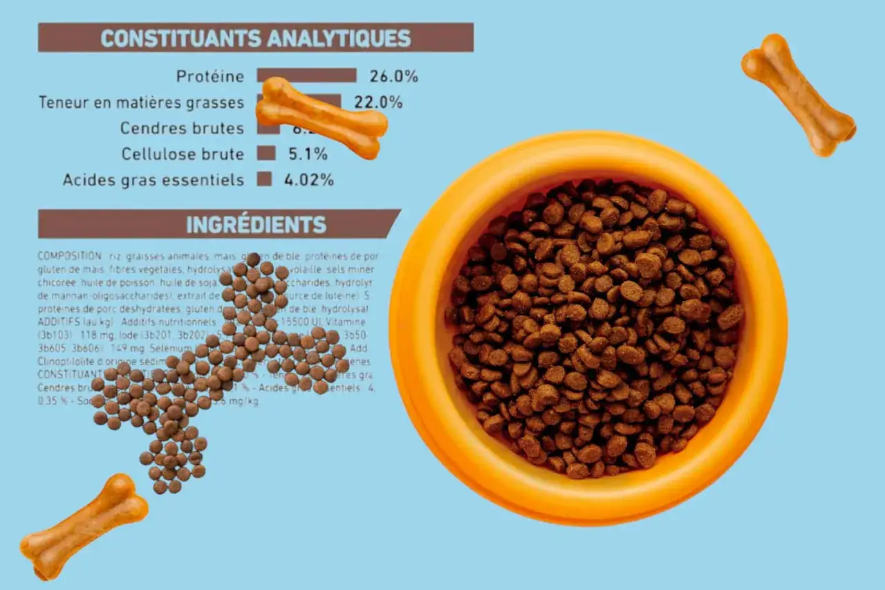 Croquettes pour chien avec 0.35% de cendres brutes, pr&eacute;sent&eacute;es dans une gamelle orange, avec des friandises en forme d'os.