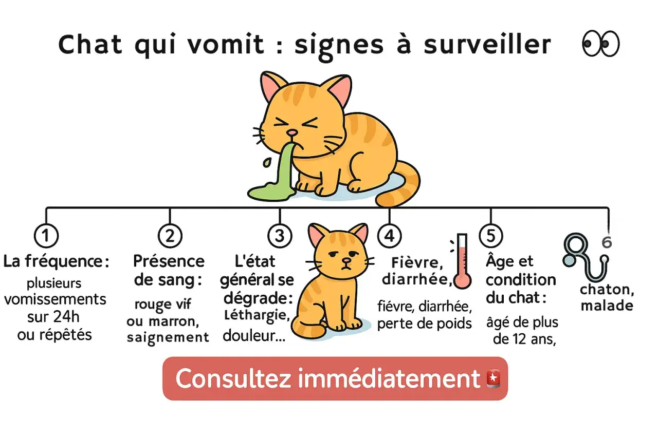 Un chat qui vomit, avec des signes &agrave; surveiller : fr&eacute;quence, sang, &eacute;tat g&eacute;n&eacute;ral, fi&egrave;vre, &acirc;ge. Ce type de vomi chat peut indiquer un probl&egrave;me.