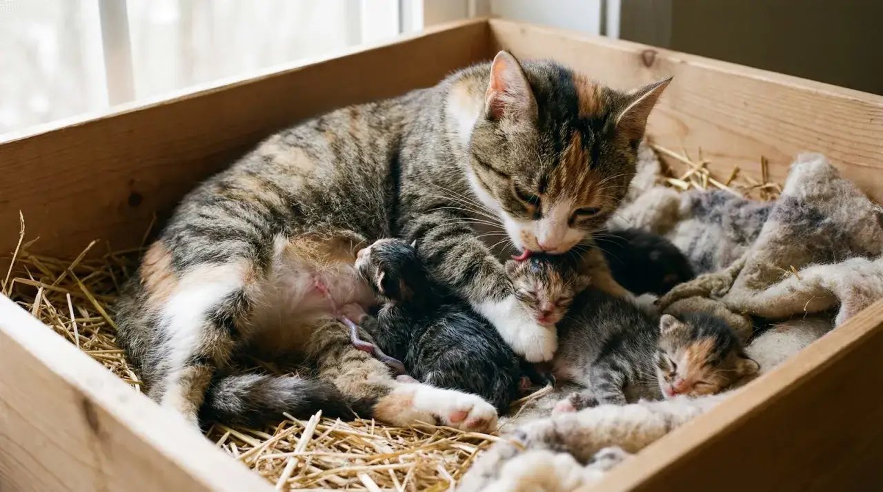 Une maman chat prend soin de ses chatons nouveau-nés dans une caisse en bois. C'est sa 1ère grossesse chat, et elle est très protectrice.