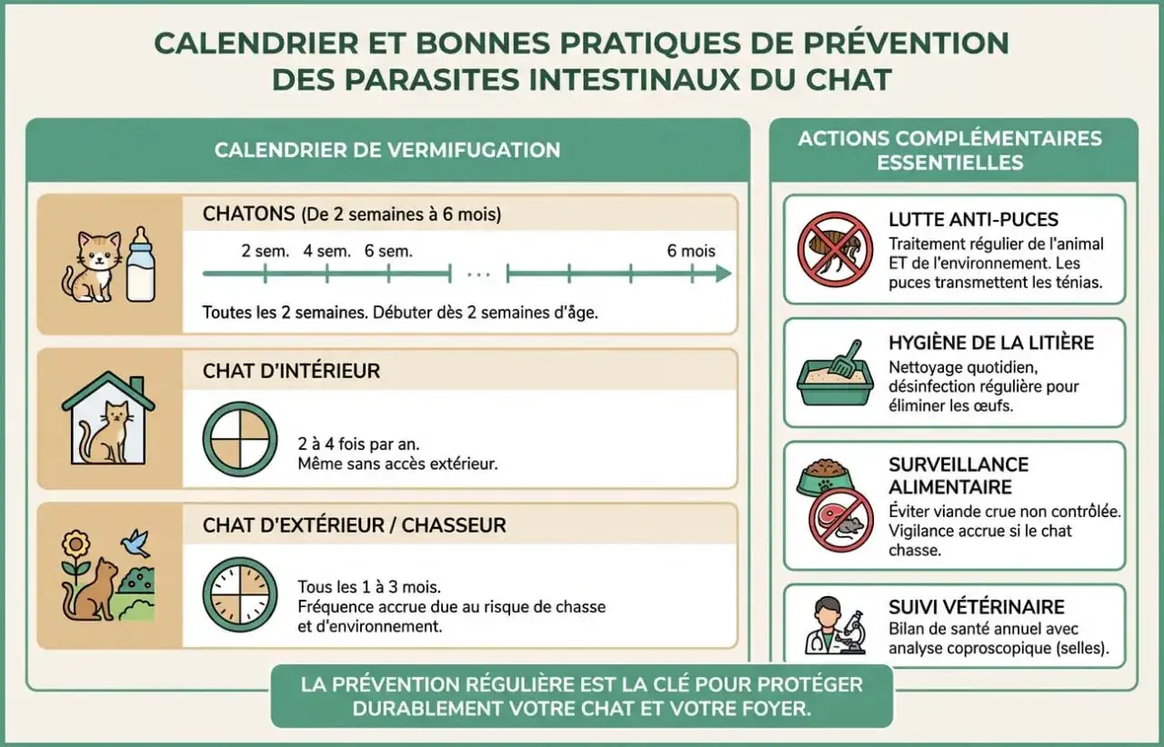Calendrier de vermifugation et actions pour le traitement des parasites du chat. Prévention essentielle pour la santé féline.
