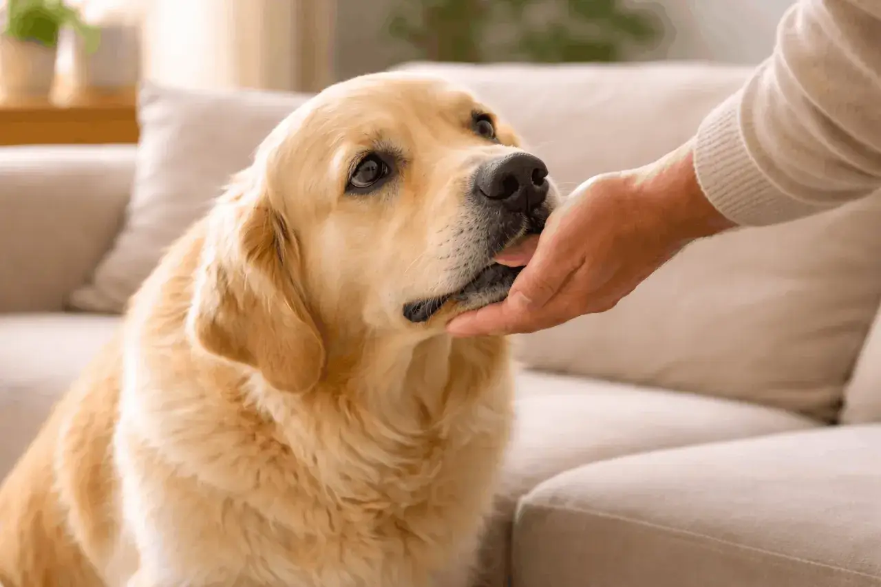 Un golden retriever reçoit une caresse sur la joue, un geste qui peut expliquer pourquoi mon chien me lèche.