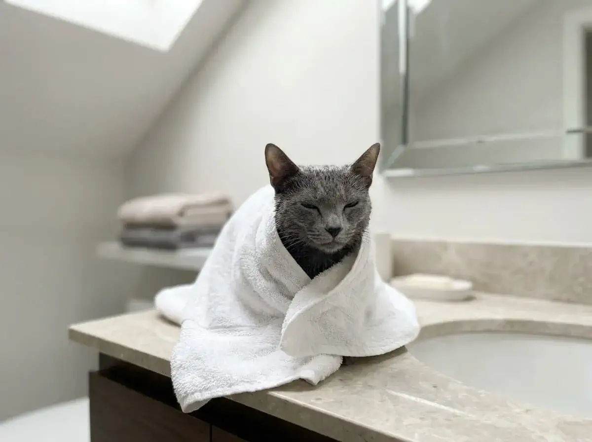 Chat gris, tout mouillé et emmitouflé dans une serviette blanche, après avoir été lavé avec du liquide vaisselle. Il a l'air peu content.