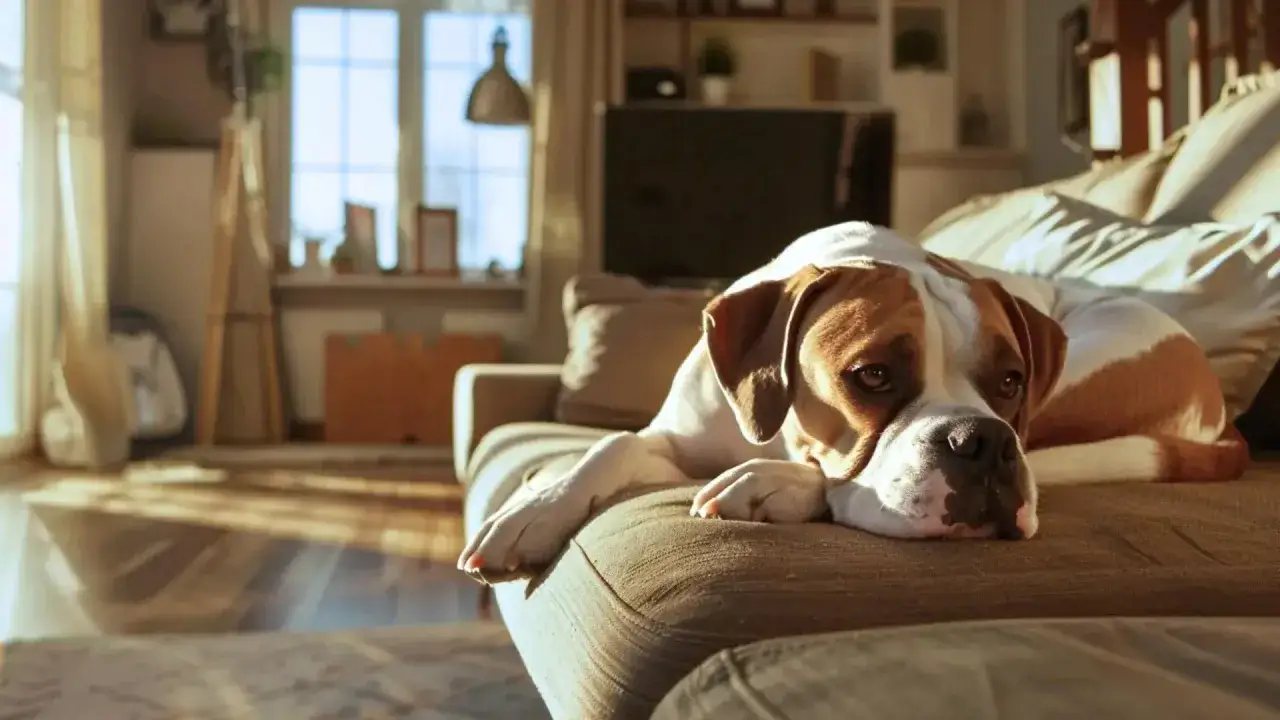 Un chien se repose paisiblement sur un canap&eacute;, baign&eacute; de soleil. Il semble serein, pr&ecirc;t &agrave; laisser son chien seul sans qu'il stress.