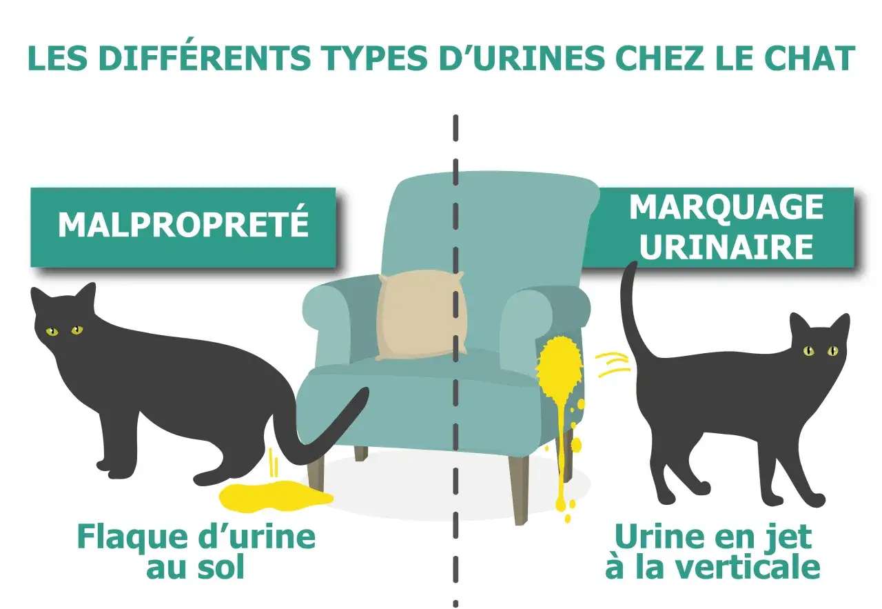 Illustration montrant un chat qui marque son territoire par un jet d'urine vertical, contrastant avec une flaque au sol due &agrave; la malpropret&eacute;.