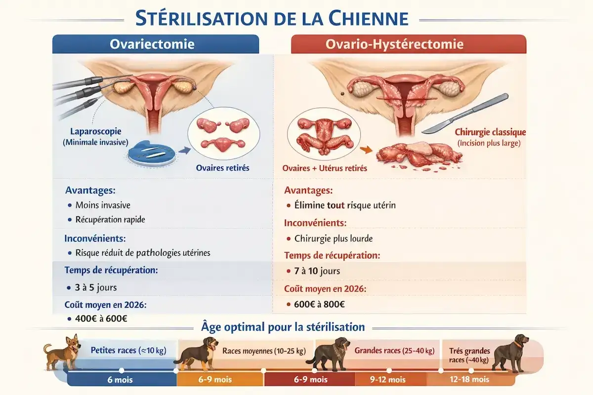 Comparaison des m&eacute;thodes pour st&eacute;riliser une chienne : ovariectomie (laparoscopie) vs ovario-hyst&eacute;rectomie (chirurgie classique). L'&acirc;ge optimal varie selon la race.