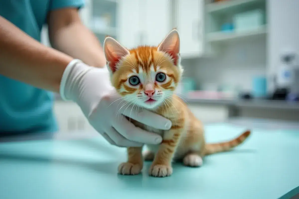 Un adorable chaton tigr&eacute; roux de 4 mois, aux grands yeux bleus, est examin&eacute; par un v&eacute;t&eacute;rinaire gant&eacute;.