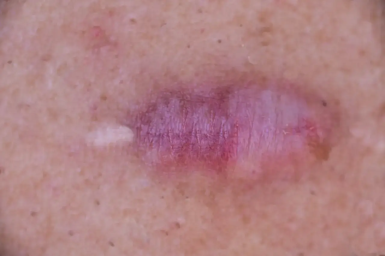 Gros plan d'une cicatrice de st&eacute;rilisation de chienne, l&eacute;g&egrave;rement gonfl&eacute;e et ros&eacute;e, montrant les fils de suture r&eacute;sorbables.