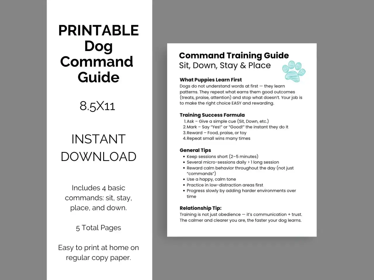 Guide d'entra&icirc;nement pour chien : liste ordre assis, couch&eacute;, reste, place. Facile &agrave; imprimer.