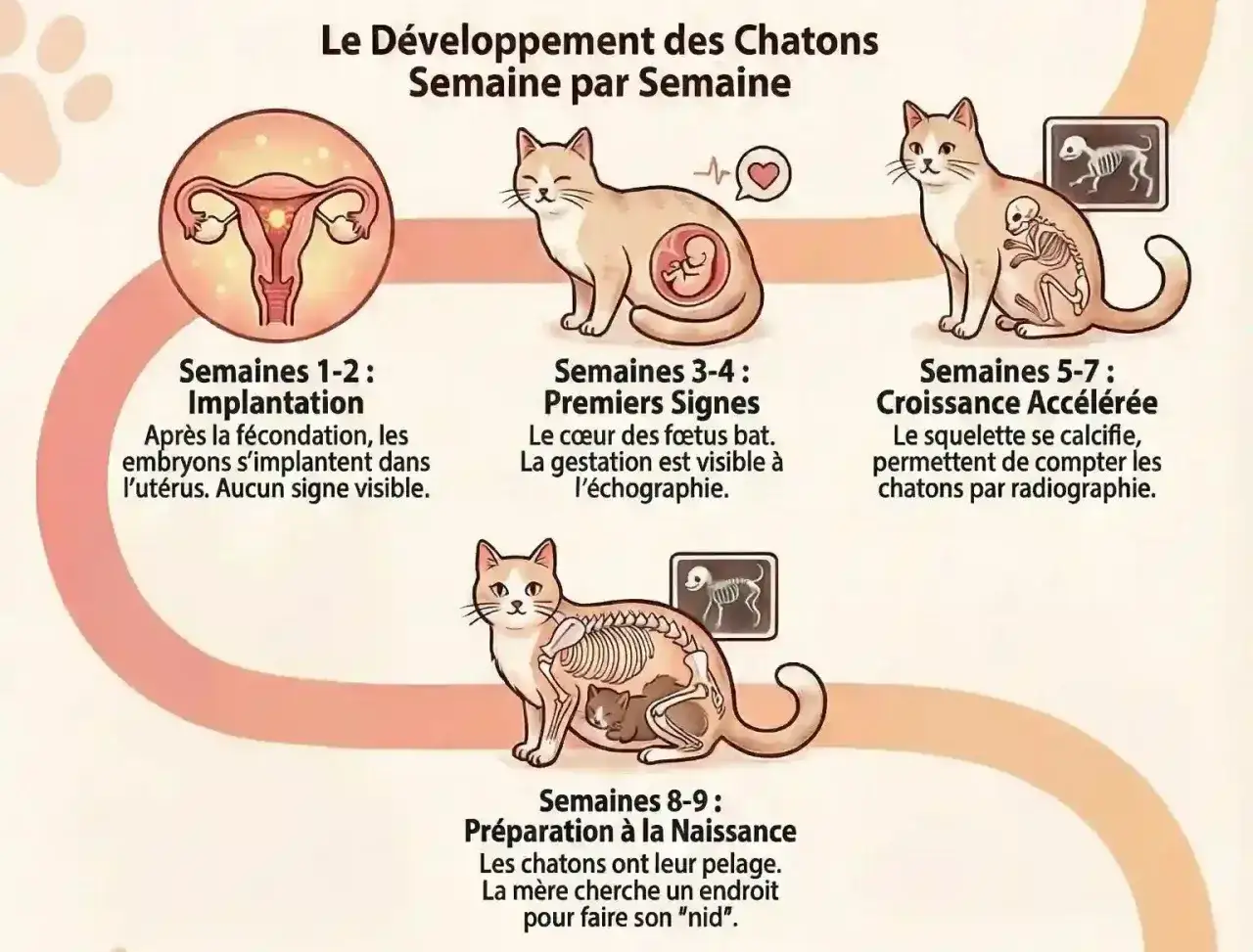 Illustration du développement d'un chat enceinte, du début de la gestation à la naissance. Les étapes clés sont montrées semaine par semaine.