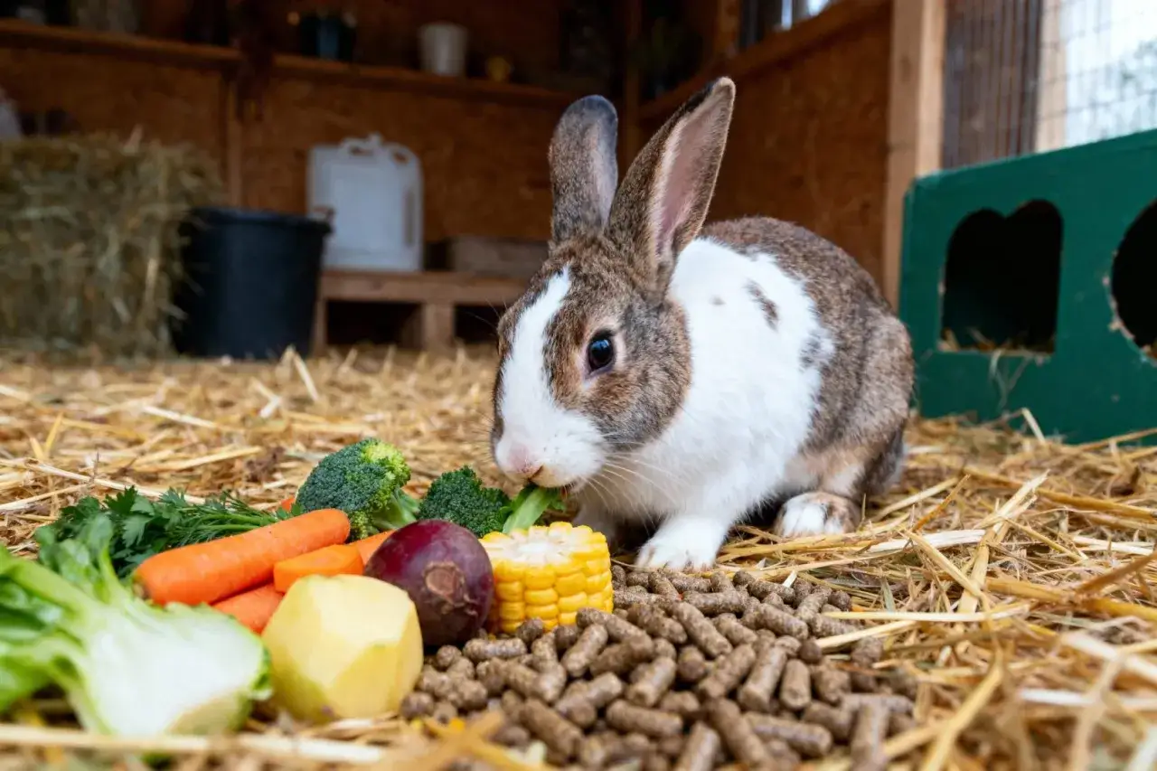 Un lapin nain savoure un festin de l&eacute;gumes frais et de granul&eacute;s, illustrant une alimentation &eacute;quilibr&eacute;e pour ce petit animal.
