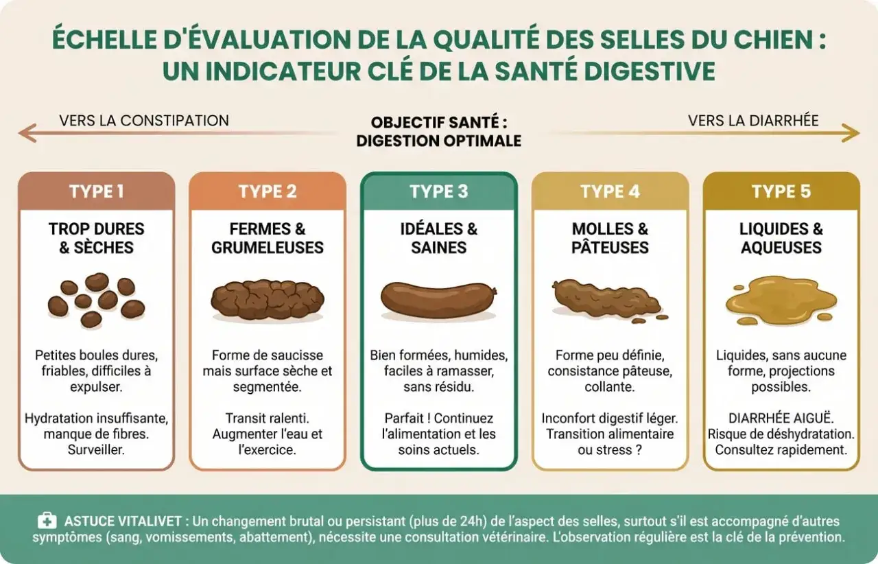 &Eacute;chelle de qualit&eacute; des selles du chien : type 5, liquides et aqueuses, signe de diarrh&eacute;e aigu&euml;. Risque de d&eacute;shydratation. Transition croquette chien diarrh&eacute;e.