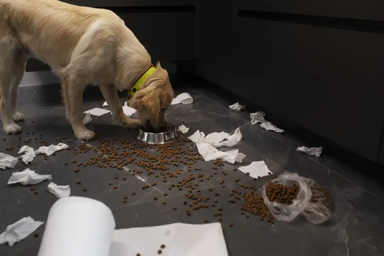 Mon chiot ne mange pas ses croquettes. Il a renversé sa gamelle et joue avec le papier toilette, laissant une vraie pagaille.
