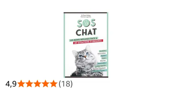 Couverture du livre "SOS Chat" par Dr Pierre Fabing. Un chat gris aux yeux bleus regarde vers le ciel. La liste des symptômes inclut "Accidents", "Intoxications", "Piqûres", "Fièvre", "Mise bas", "Yeux/oreilles", "Troubles digestifs", "Réactions allerg...