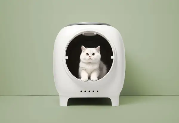 Un chat blanc aux yeux dorés est assis dans une litière futuriste. Il se demande combien de fois un chat fait pipi par jour.