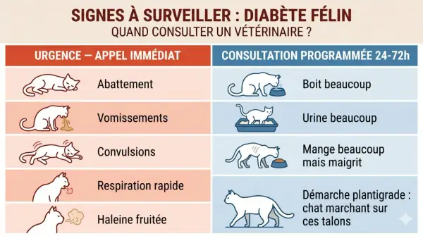 Signes de diabète félin : abattement, vomissements, convulsions, respiration rapide, haleine fruitée. Complications à surveiller.